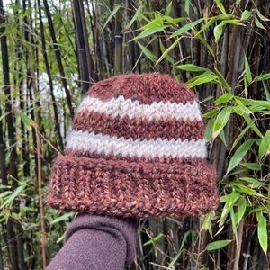 Hand Knit Brown Striped Chunky Beanie
